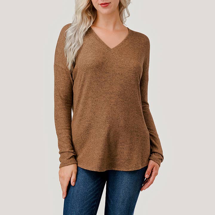 Heimious – Engroshandel Strikket top - Dame – Langærmet V-hals børstet strik top, 273887