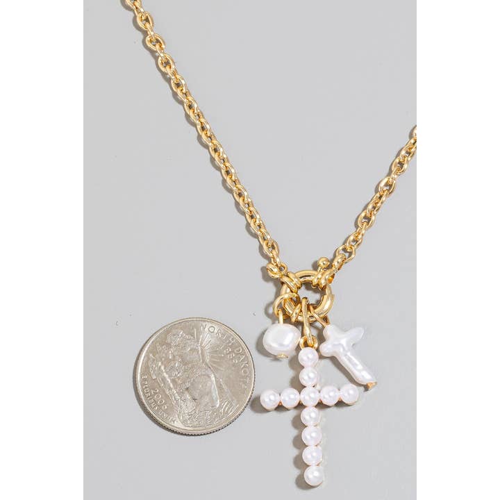 GD Pearl And Pearl Studded Cross Charms Necklace for wholesale on Faire