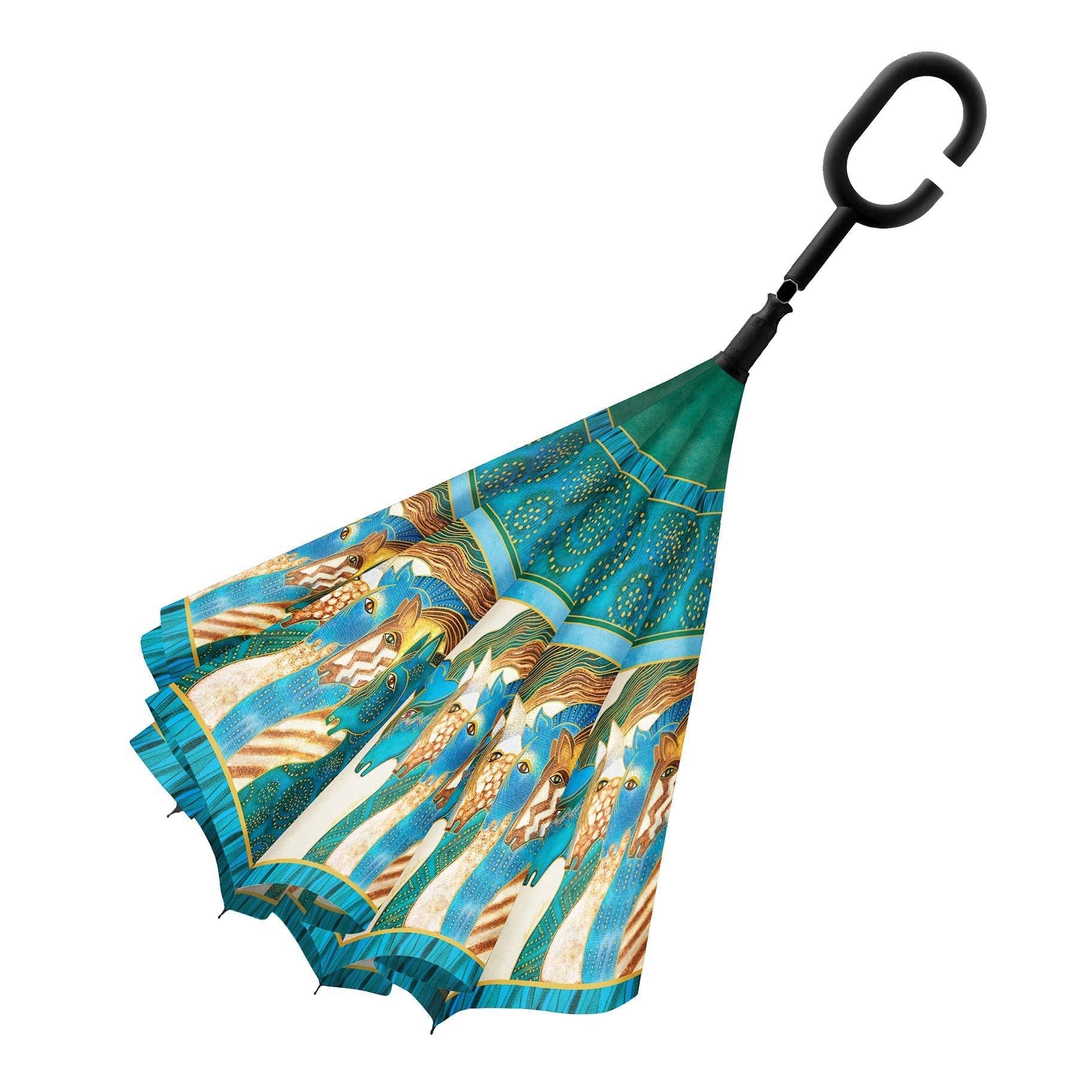 RainCaper - Wholesale Umbrella - Women's - Laurel Burch Sky Mares Reverse Inverted Umbrella – Hands-Free, Windproof - Earlier Design1