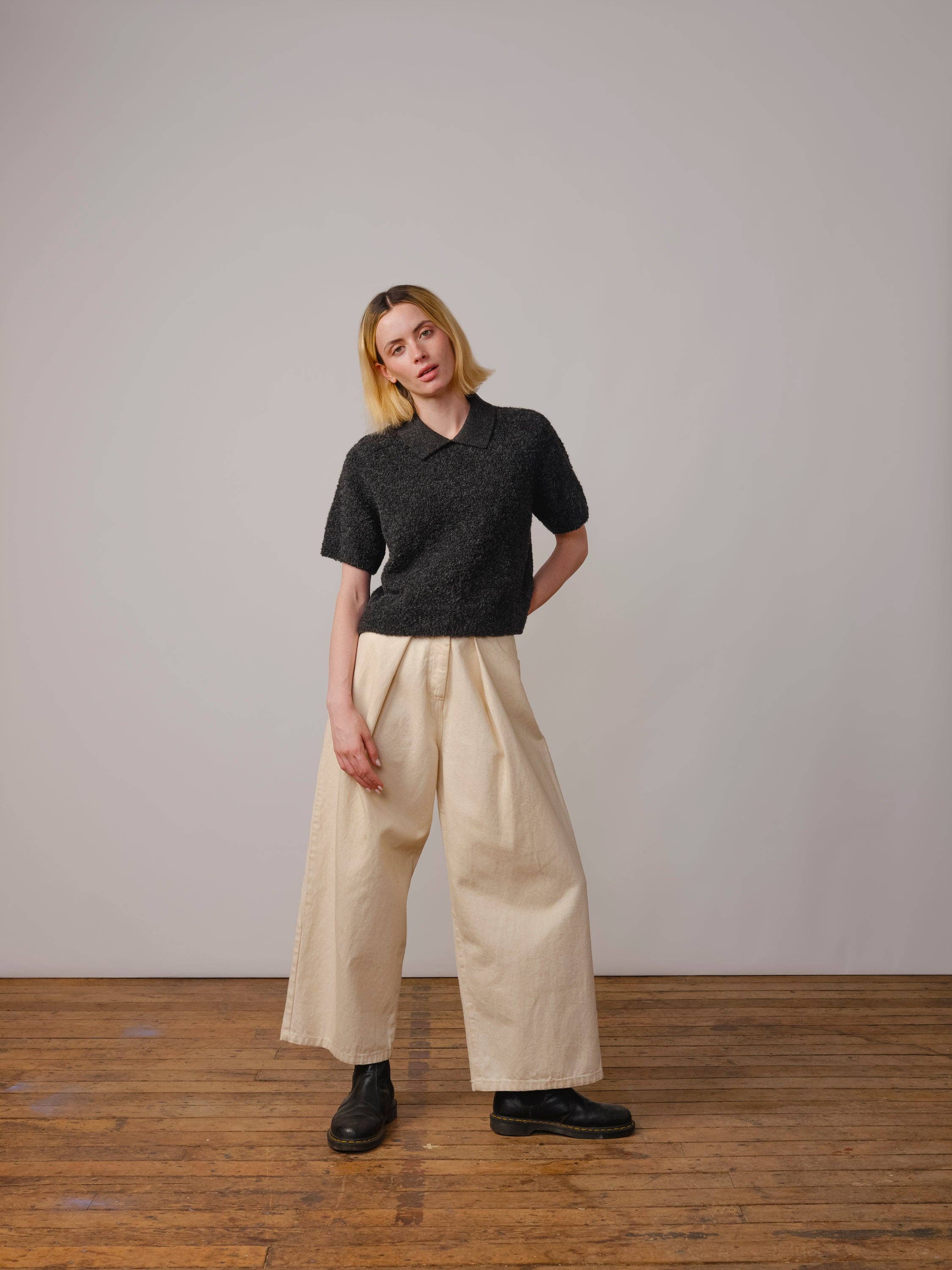 The Endery - Wholesale Polo - Women's - Ramona Bouclé Short Sleeve Polo - Anthracite7