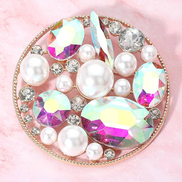 Sensibling Corp. - Wholesale Brooch - Pearl Stone Cluster Embellished Chunky Round Pin Brooch