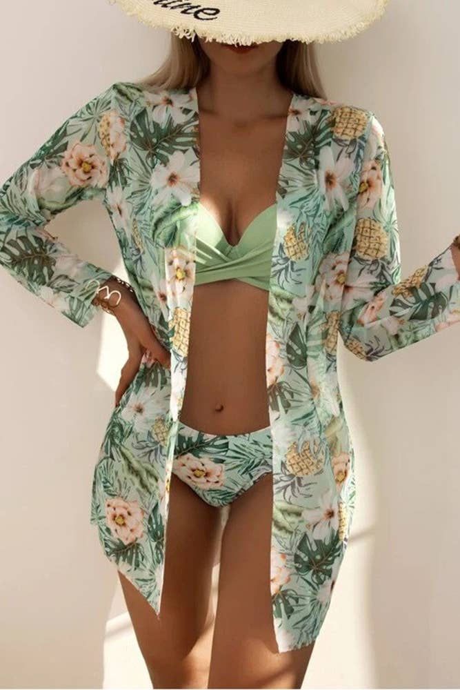 UNISHE – Biquíni - Mulher por atacado – Conjunto de biquíni 3 peças com estampa floral e saída de praia JSN0162