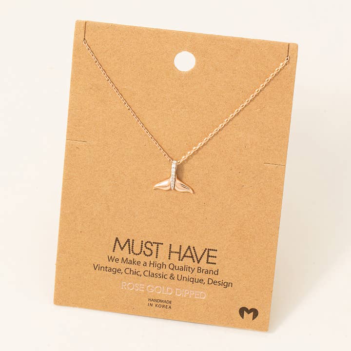 Gold Dipped Studded Whale Tail Pendant Necklace for wholesale by Fame Accessories