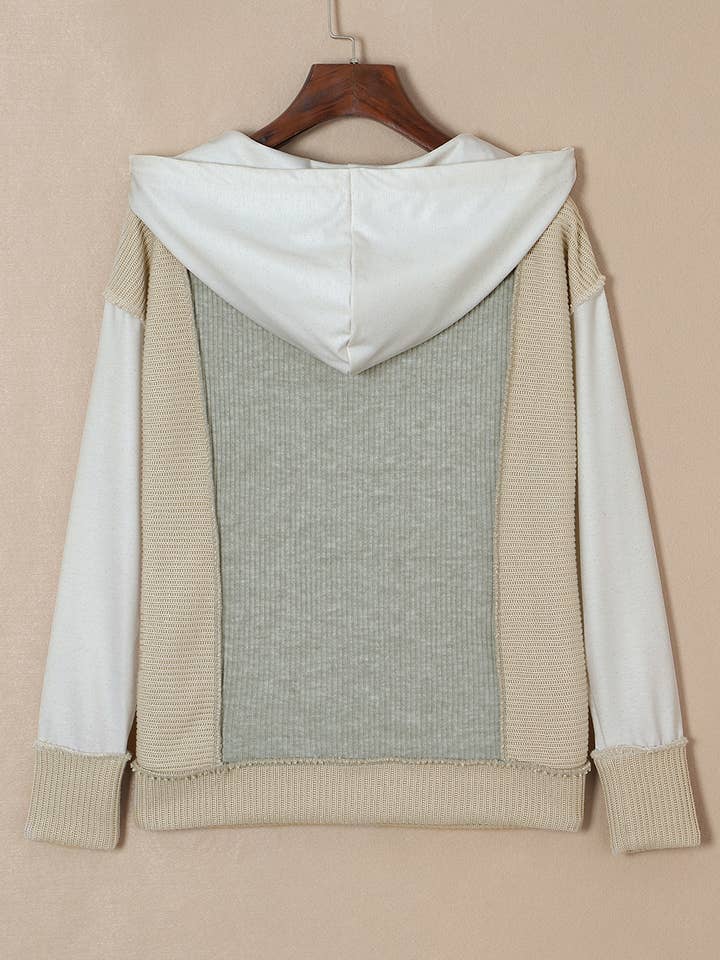 Grey Long Sleeve Textured Knit Patchwork Hoodie for wholesale on Faire