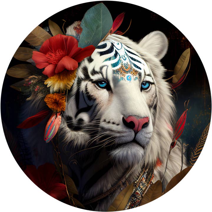 Muraco - Obra de arte de tigre blanco con flores y tatuajes al estilo nativo americano para venta al por mayor de Tigon Art