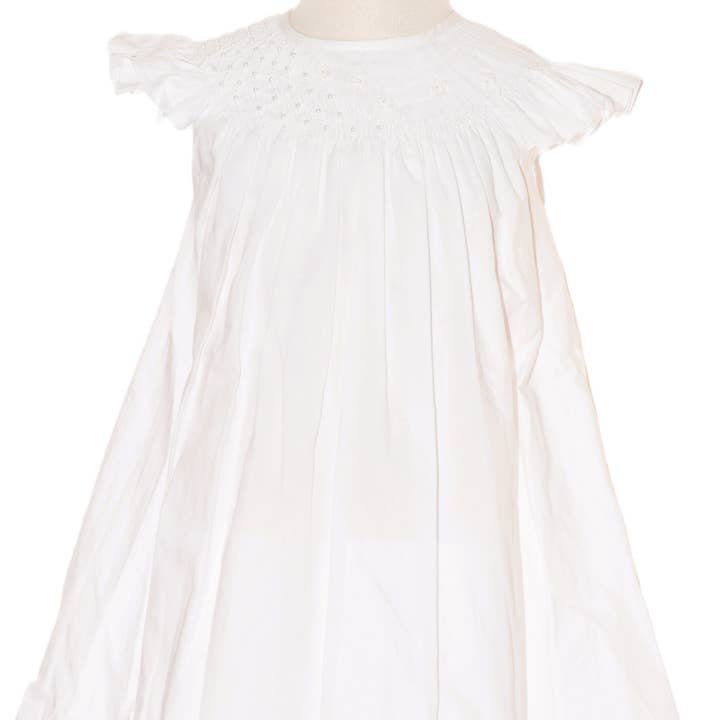 White Geometric Smocked with Pearl Angle Wing Sleeve Dress for wholesale by Hello Bebes!