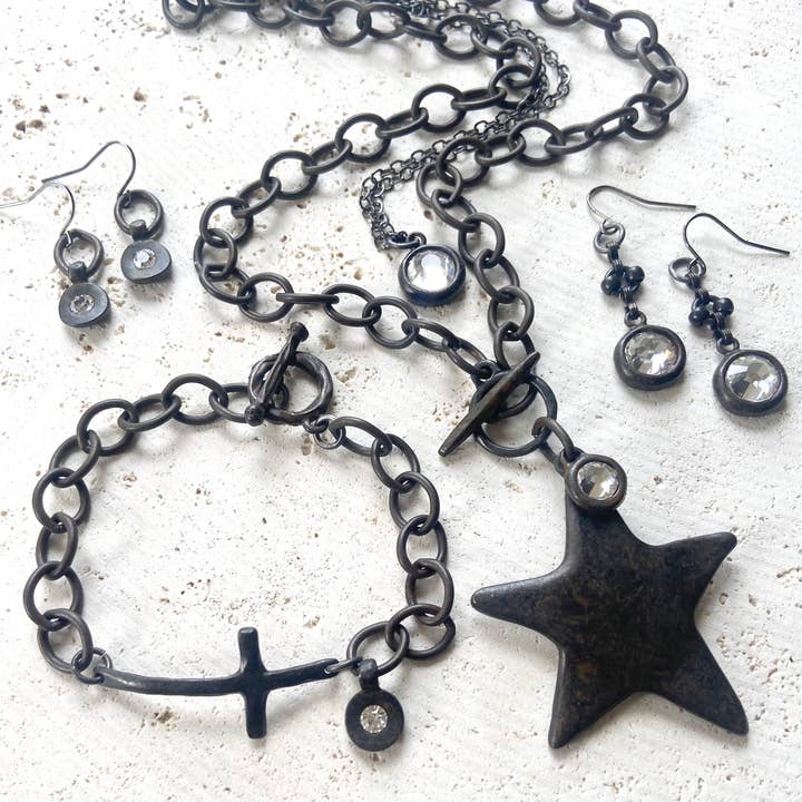 Rustic hand casted star cross crystal jewelry for wholesale by VB&CO Designs Handmade Jewelry