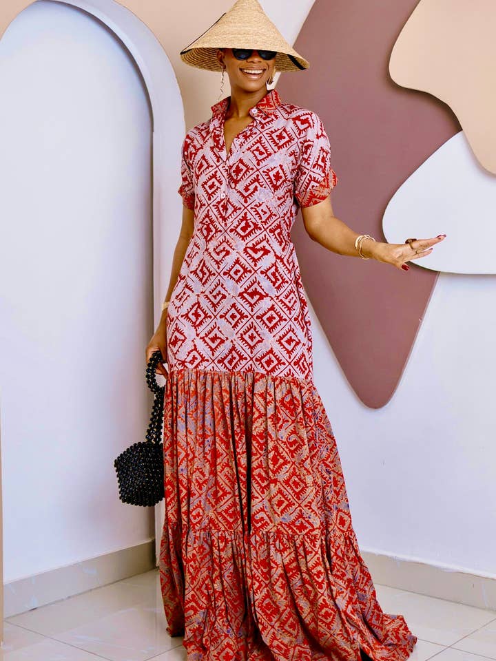 Ogbaluofu Kaftan Maxi Dress – Handmade Crepe Adire Elegance for wholesale by DUA MENKA