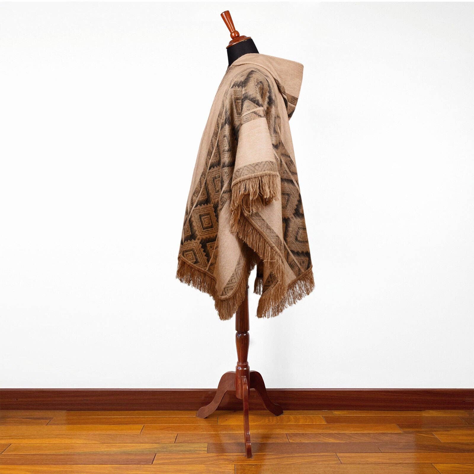 ECUALAMA – wholesale Poncho – Women's – Conambo - Lightweight Baby Alpaca Fringed Hooded Poncho - Taupe & Charcoal - Unisex8