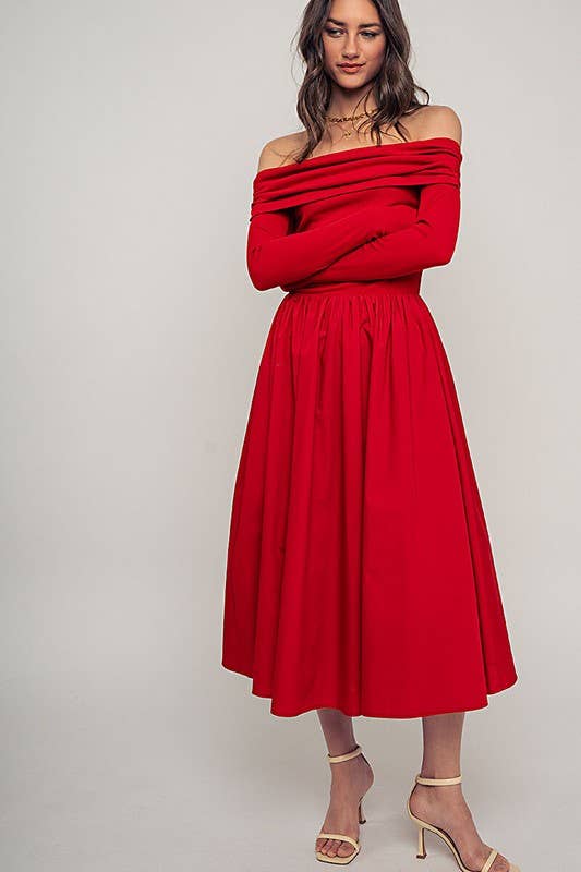 Urban Daizy - Wholesale Dress - Women's - Elegant Off Shoulder Ruched Long Sleeve Spring Midi Dress12