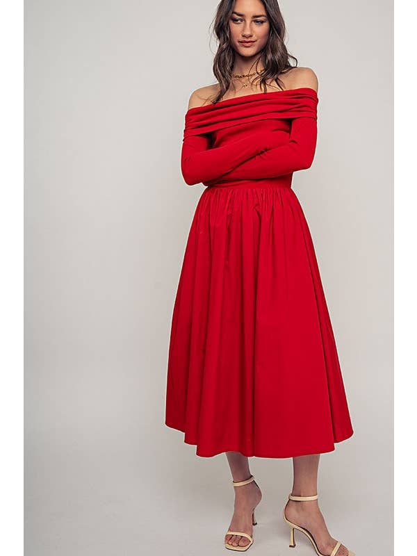 Urban Daizy - Wholesale Dress - Women's - Elegant Off Shoulder Ruched Long Sleeve Spring Midi Dress11