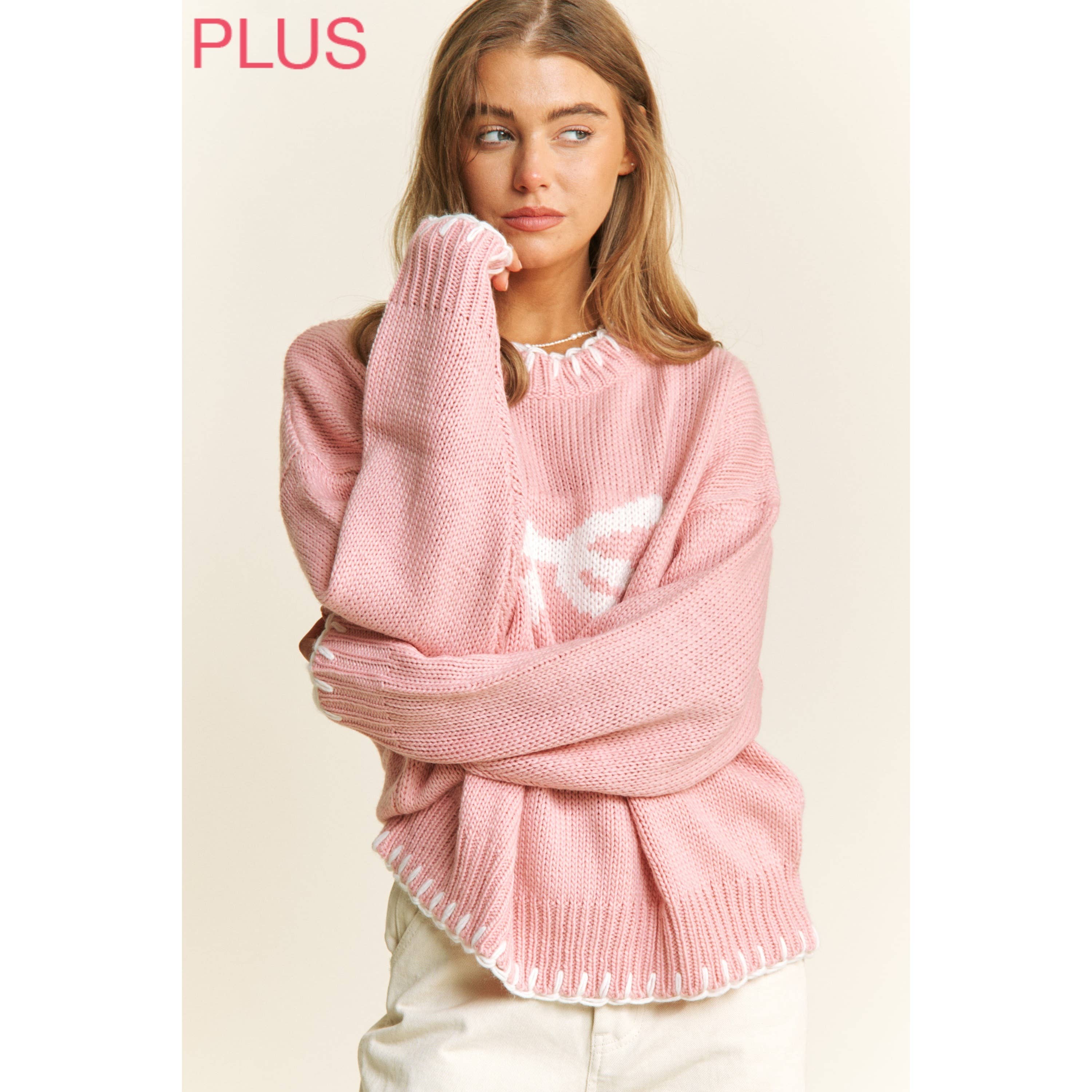 Sweet Generis – wholesale Knitted jumper – Women′s – PLUS HOLIDAY BIG BOW SWEATER PULLOVER WITH CONTRAST EDGE STI12