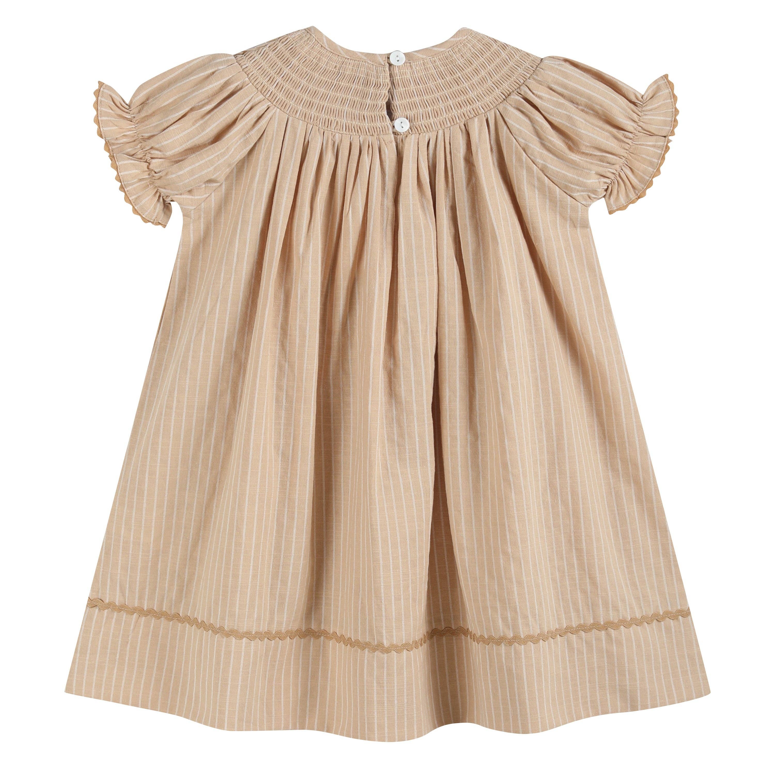 Lil Cactus - Wholesale Dress - Kids - Light Brown Pinstripe Pumpkin Smocked Bishop Dress1