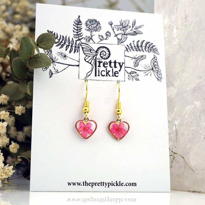 Small Heart Earrings, Pink flower hearts, Dainty gold heart earrings, Gift for Her, Real Flower Earrings, Pressed Flower Heart Earrings for wholesale by The Pretty Pickle