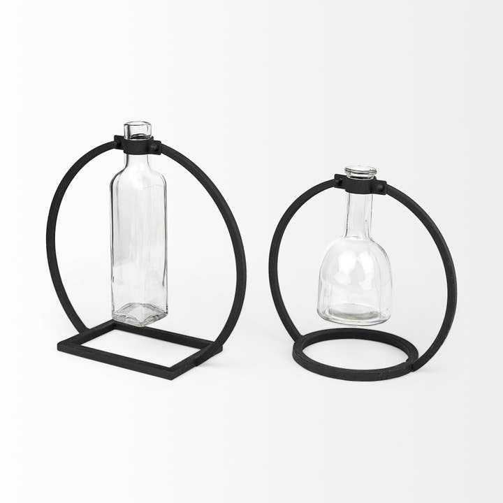 HomeRoots - Vente Vases - Vase rectangulaire en métal et verre noir industriel moderne3