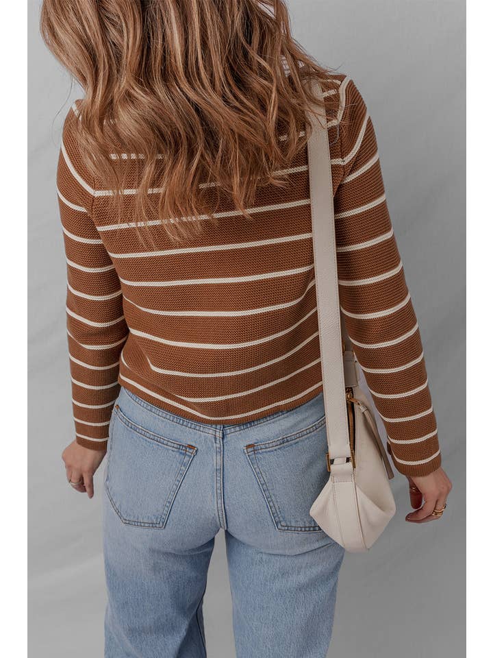 Chestnut Stripe Tie-Front V-Neck Cardigan Sweater for wholesale on Faire1