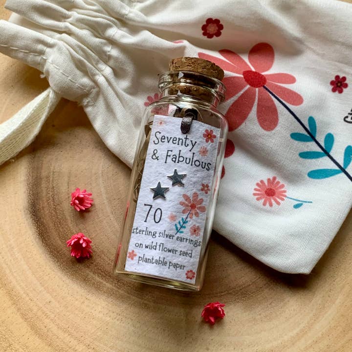 Age 70 Star Sterling Silver Bottled Earrings With Gift Bag for wholesale by Ginger & Roo