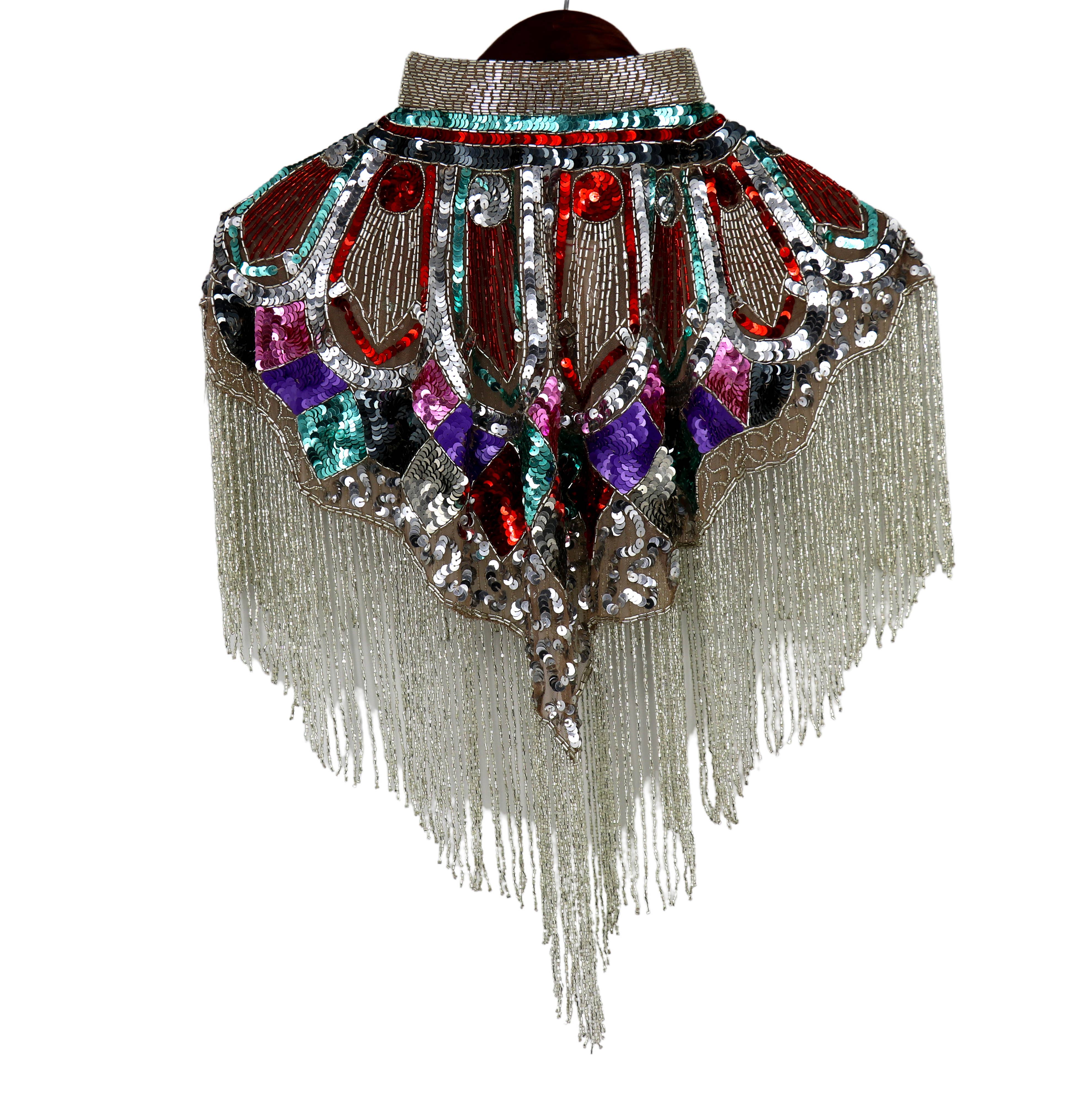 Western Fashion - Wholesale Cape - Women's - BEADED CAPE W/COLLAR  MULTI W/SILVER FRINGES1