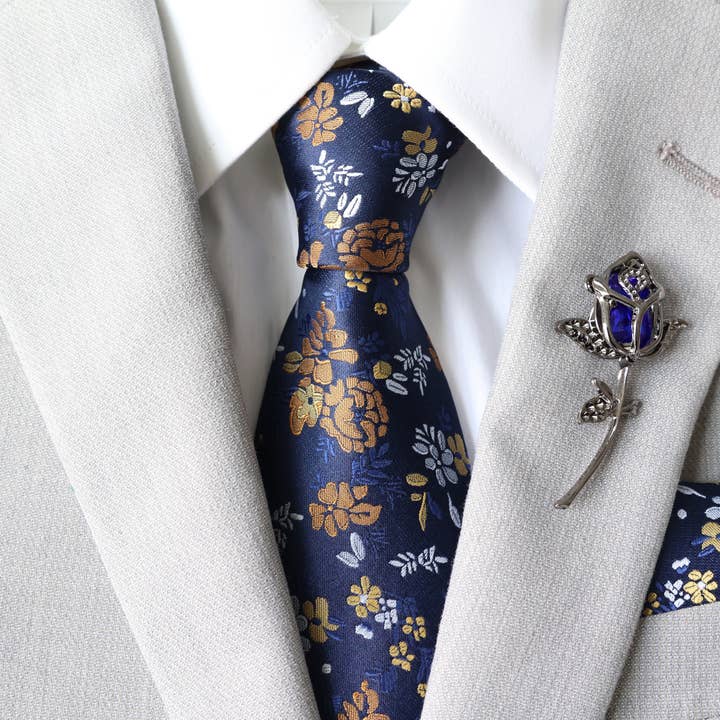 Tie Mood - Wholesale Necktie - Men's - Clara Blue & Gold Floral Tie & Pocket Square Set
