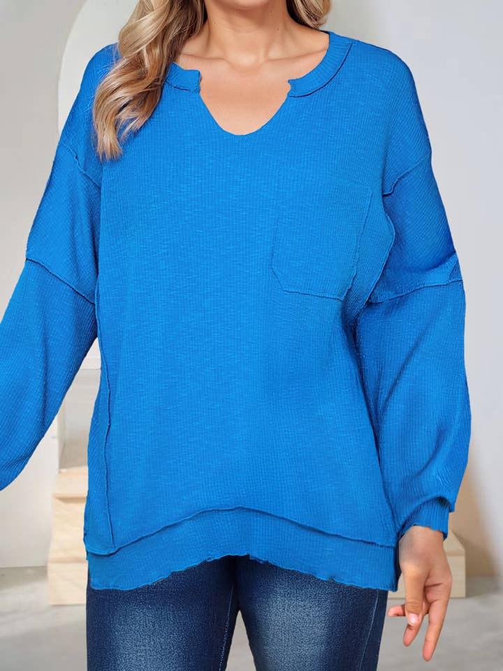 Ribbed Exposed Seam Knit V Neck Long Sleeve Top (S-XL) for wholesale by 66DISCO