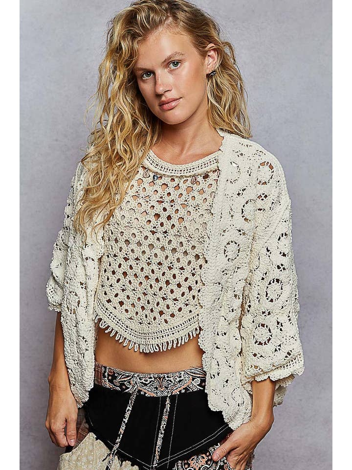 Pol Clothing - Wholesale Cardigan - Women's - Long sleeve v neck floral pattern crochet chenille cardigan16
