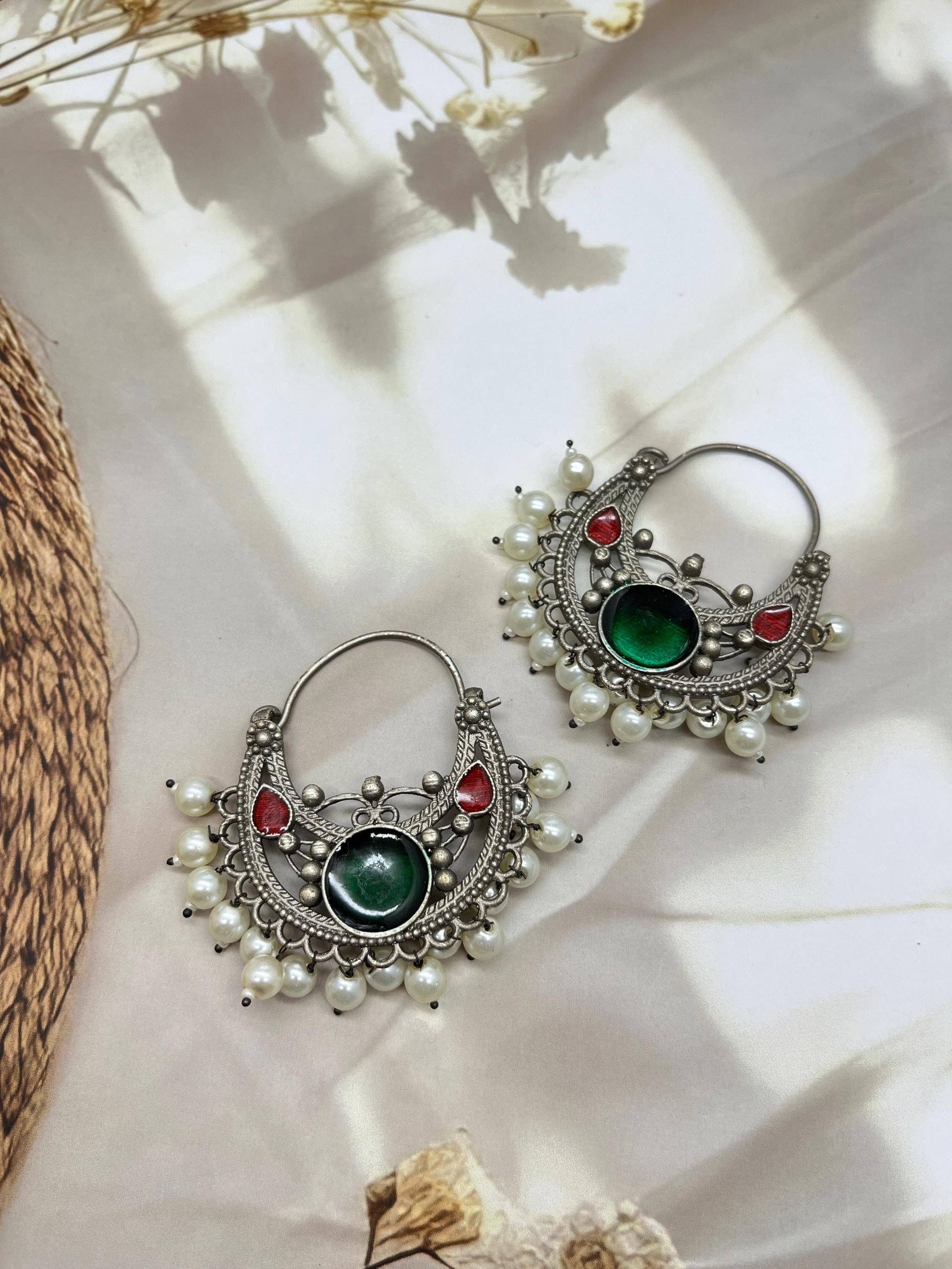 Vastrabhushan – wholesale Hoop earrings – Meenakari Chandbali Oxidised Indian Earrings4