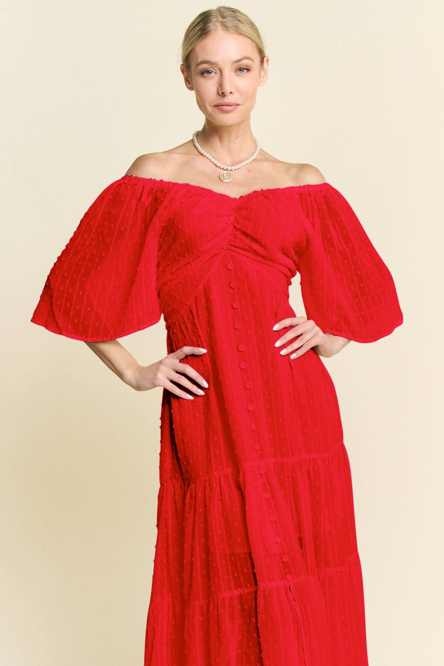 Davi & Dani – wholesale Dress – Women's – SWISS DOTTED RUCHED RUFFLE OPEN BACK MIDI DRESS7