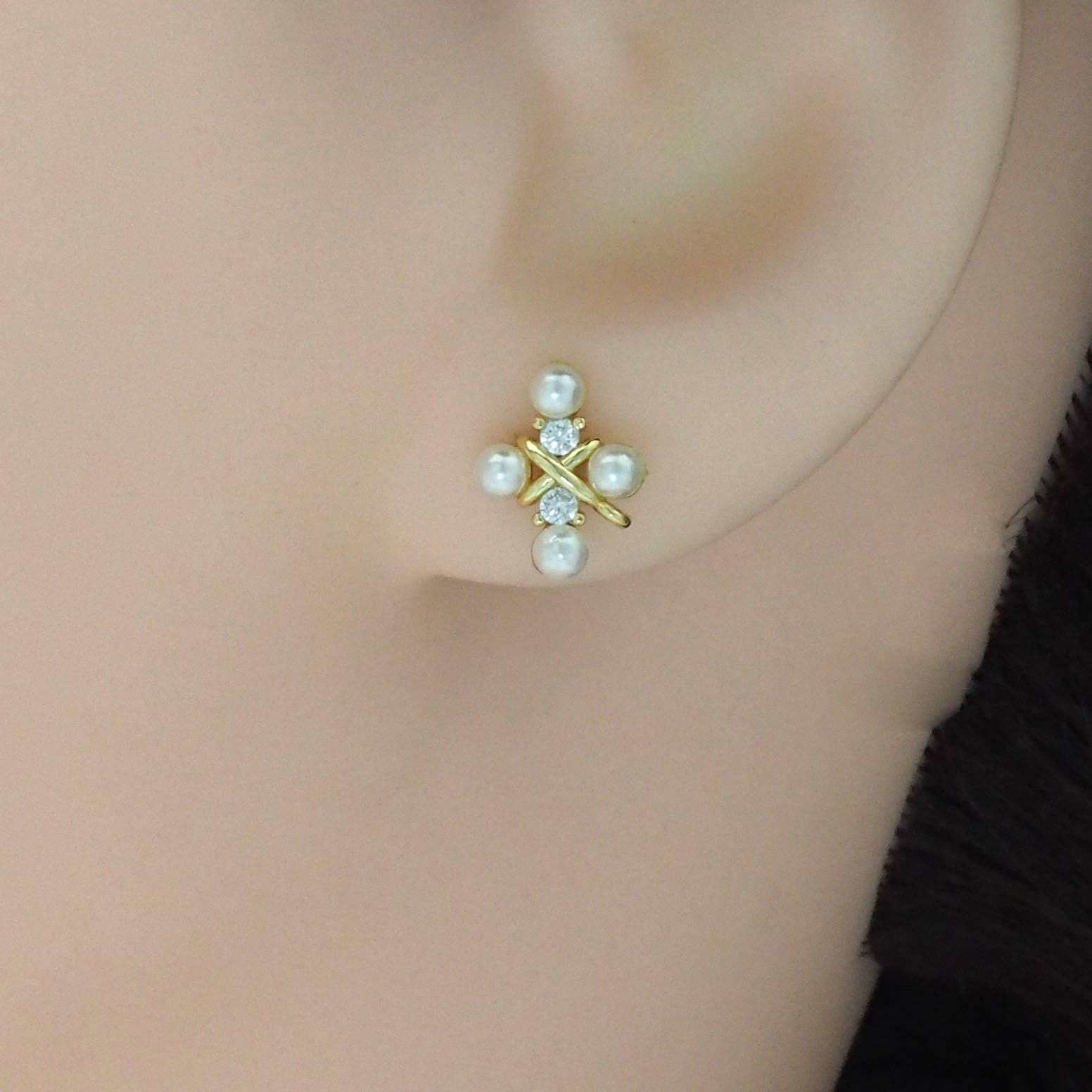 BestBeads&Beyond - Wholesale Stud/Post Earrings - Gold Silver CZ White Pearl Cross Stud Earrings, Sku#A1323