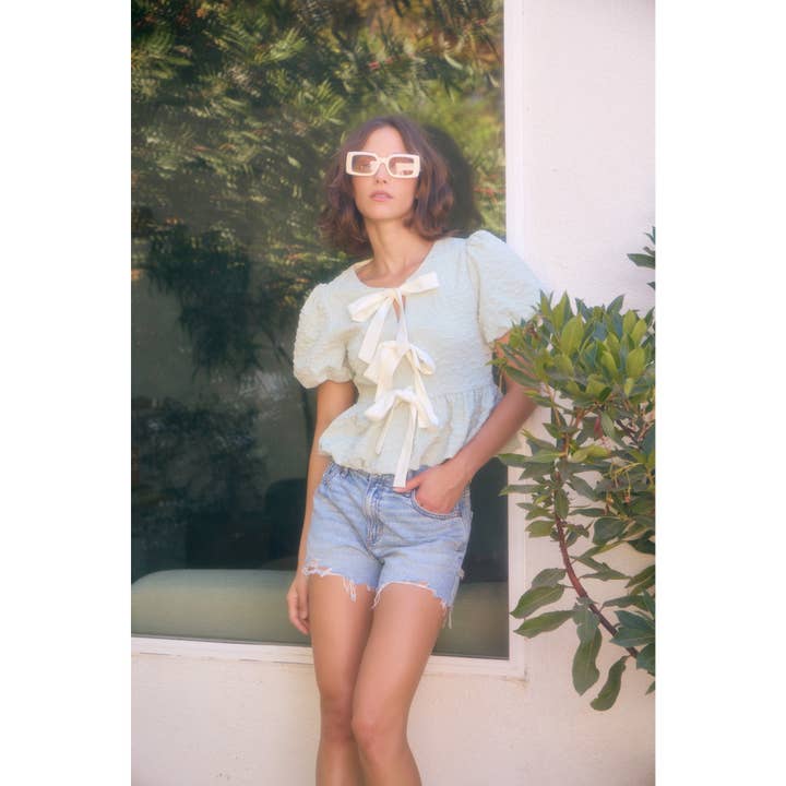 idem ditto - Wholesale Blouse - Women's - BUBBLE PEPLUM TOP WITH TEXTURED FABRIC AND BOW