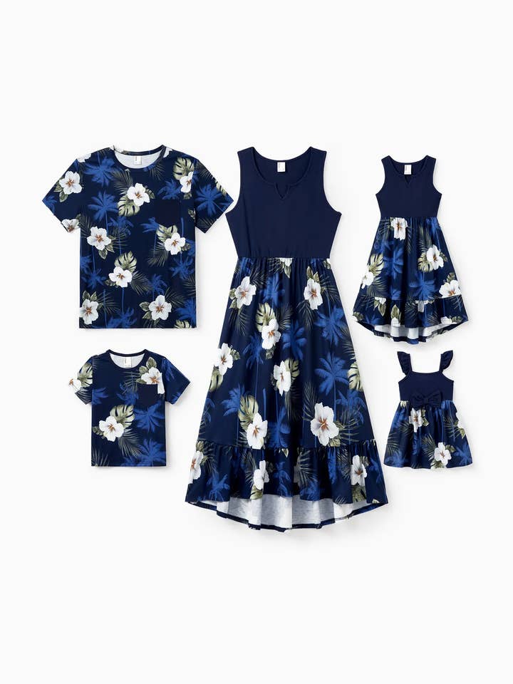 Deep Blue Family Matching Floral T-shirts or Splicing Sleeveless Dress for wholesale on Faire
