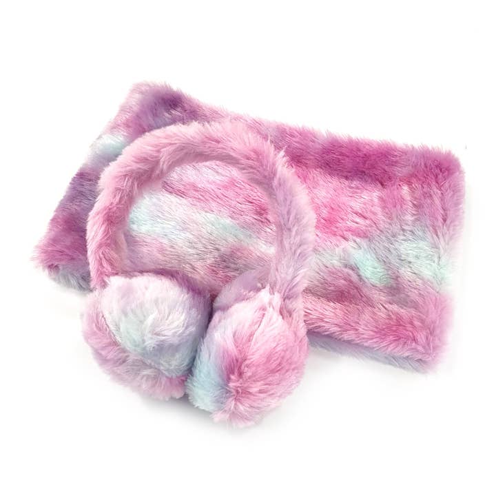 Heart Faux Fur Ear Muffs & Snood - Pink/Purple for wholesale by Black Ginger