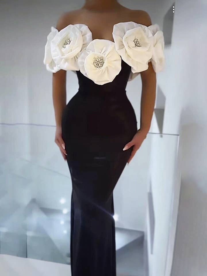 Productseeker - Vente Robe de soirée – femme - DR0190 Robe à bandage florale élégante - Noir et blanc0