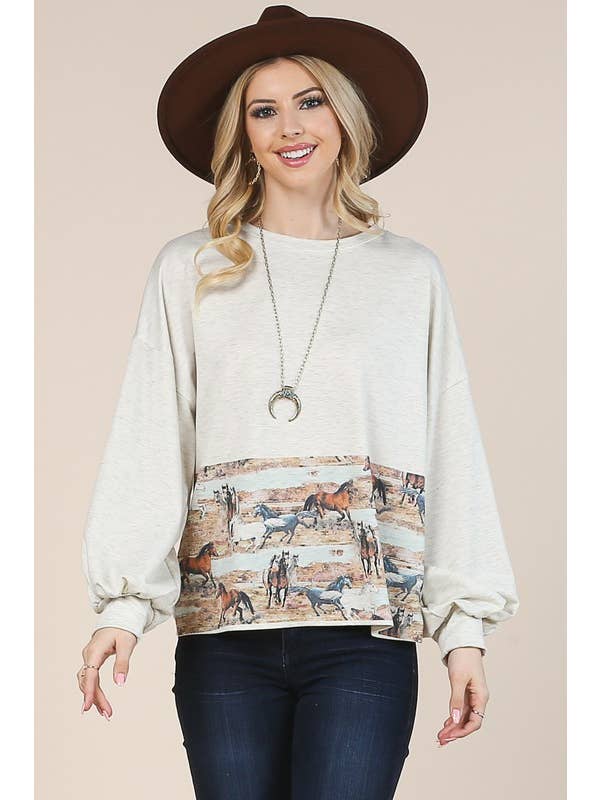 AVENA TOP DE FELPA FRANCESA CON ESTAMPADO DE CABALLOS AV1171-LISA de venta al por mayor en Faire1