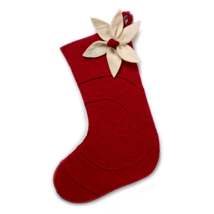 Calza di Natale in Lana Fatta a Mano - Stella di Natale in Rosso, per la vendita all'ingrosso da parte di Arcadia Home