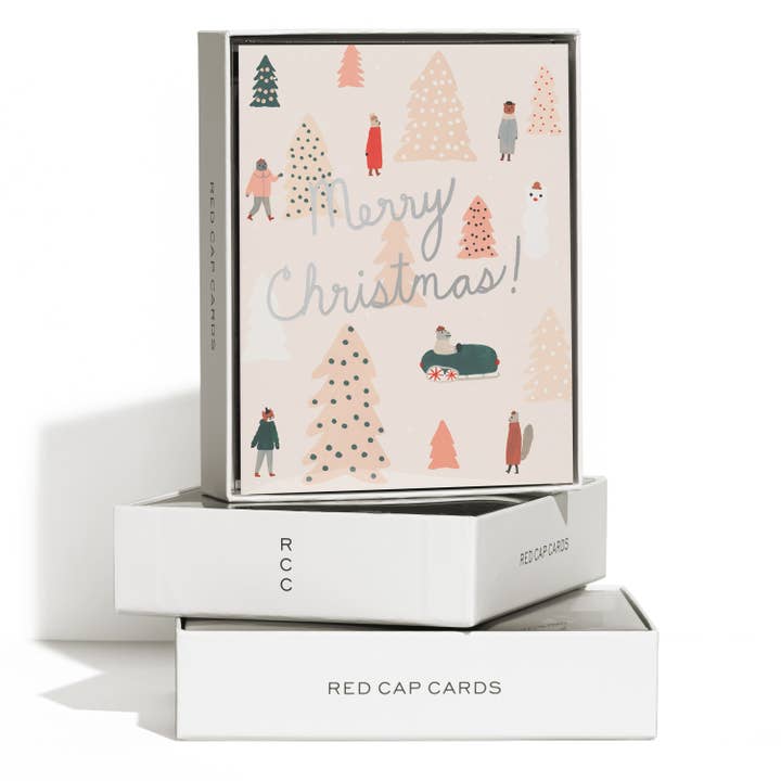 Red Cap Cards - Wholesale Christmas Card - Pink Trees Christmas greeting card
