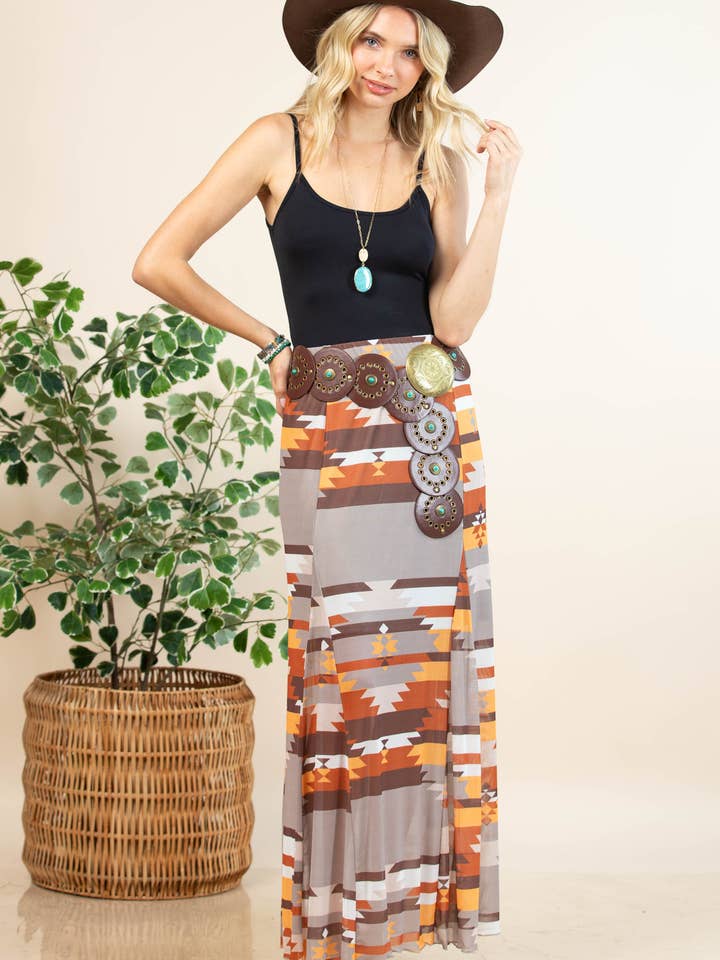 AS1300-BLAIR AZTEC PRINT LINED MESH A-LINE FULL SKIRT for wholesale by Avery