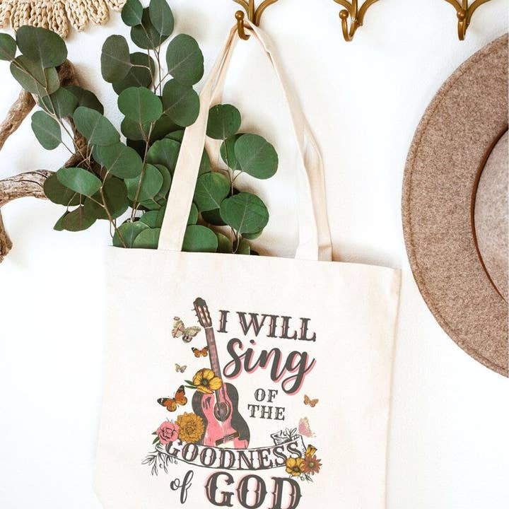 Tragetasche „I will sing of the goodness of God“ für den Großhandel von Earth and Timber co
