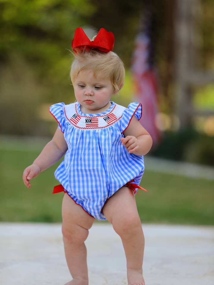 Rylee Faith Designs - Wholesale Bodysuit (Non-Footed) - Baby - 4th of july Flag Embroidery Smocking Girls Romper