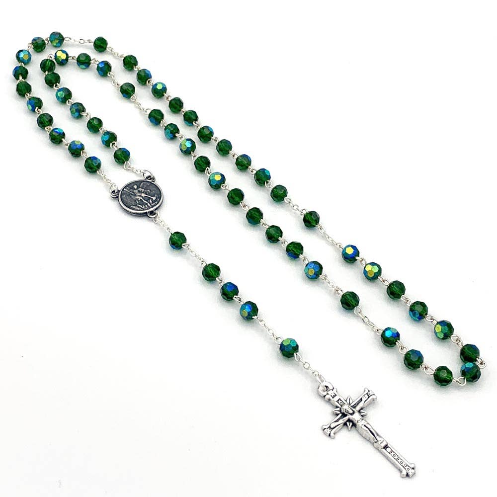 RM Trading - Vente Collier de prière en perles - Perles en cristal vert foncé du Rosaire Saint-Michel1