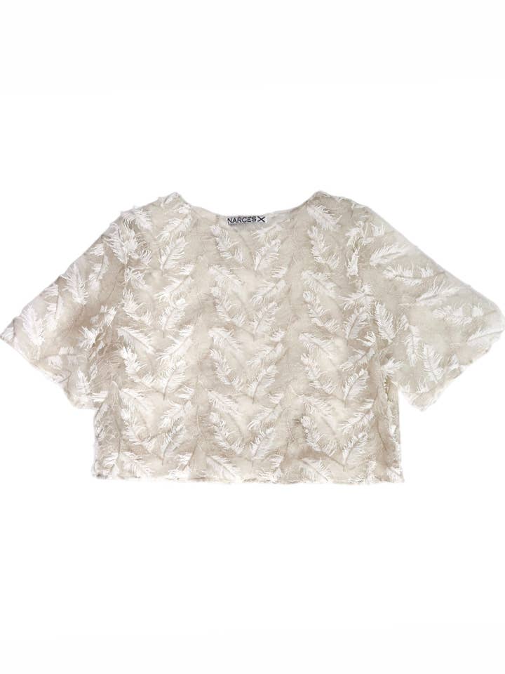 3D Faux Veer Transparante Tulle Top met Vintage Gouden Borduursel voor wholesale door NARCES