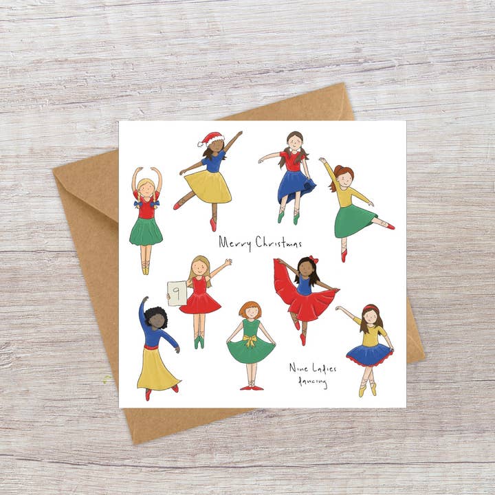 Nine Ladies dancing - Twelve Days of Christmas card for wholesale by Lucy Driver Illustration