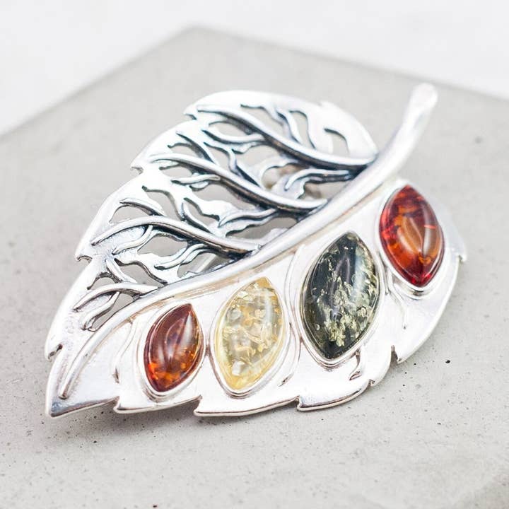 Baltic Amber Leaf Brooch Silver Leaf Brooch Amber Brooch for wholesale by Marcin Waryszak