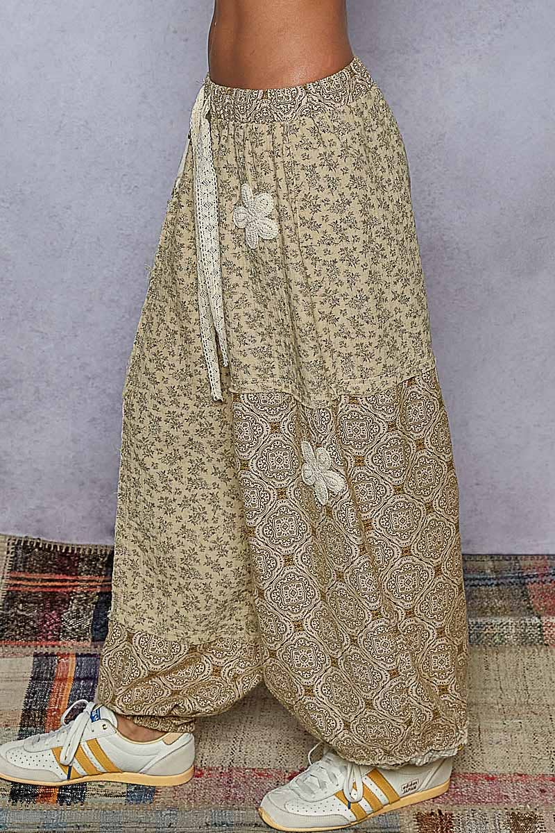 Pol Clothing - Wholesale Pants - Women's - Crochet patch detail contrast patchwork printed woven pants29