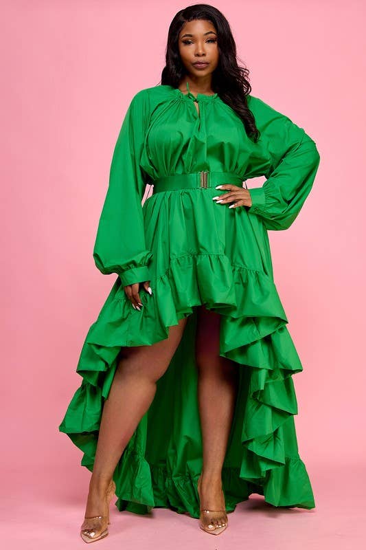 Namatt Design – Großhandel Kleid – Damen – Normales Kleid mit Rüschenausschnitt und hohem, tiefem Rüschensaum und Gürtel4