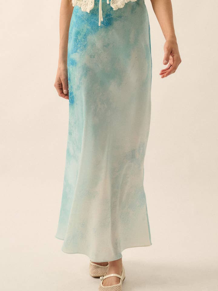 Tie Dye-Print Satin Bias-Cut Maxi Skirt for wholesale by Promesa USA