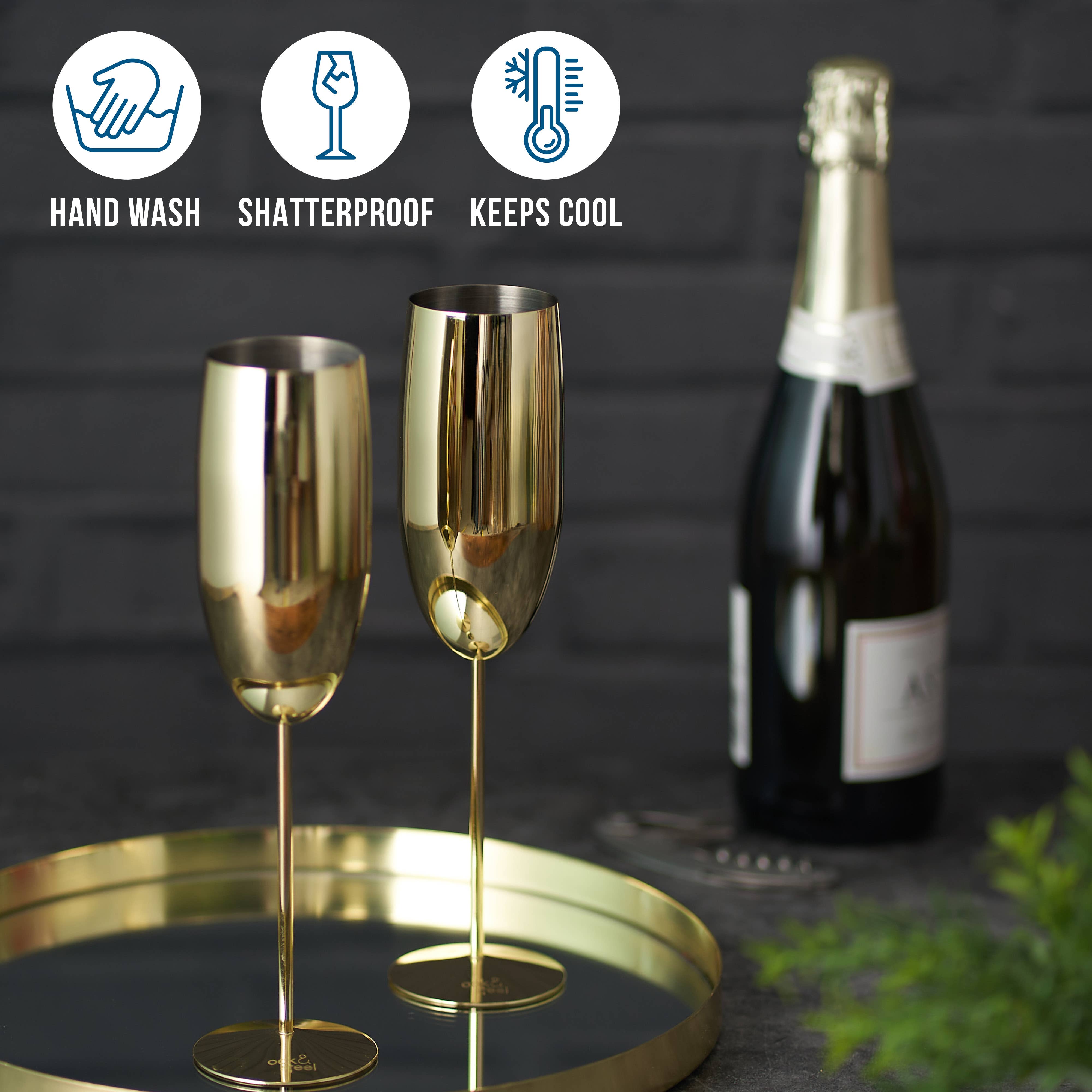 Oak & Steel – wholesale Champagne flute – 2 Stainless Steel Gold Champagne Flutes (280ml)2