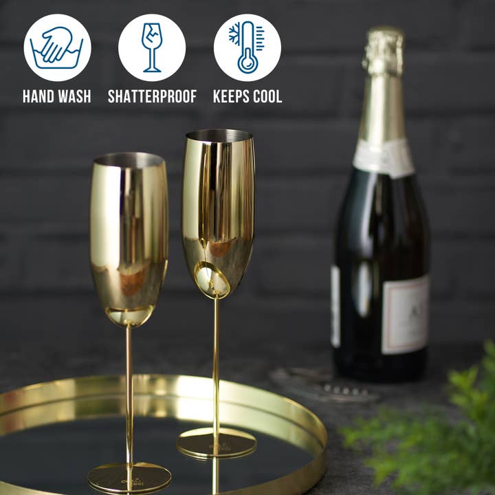 Oak & Steel – wholesale Champagne flute – 2 Stainless Steel Gold Champagne Flutes (280ml)2