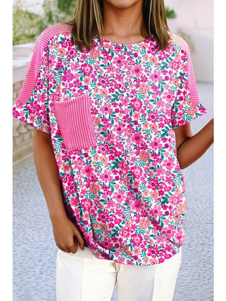 Pink LDC Plus Size Floral Print Corded Patchwork Loose Top for wholesale on Faire