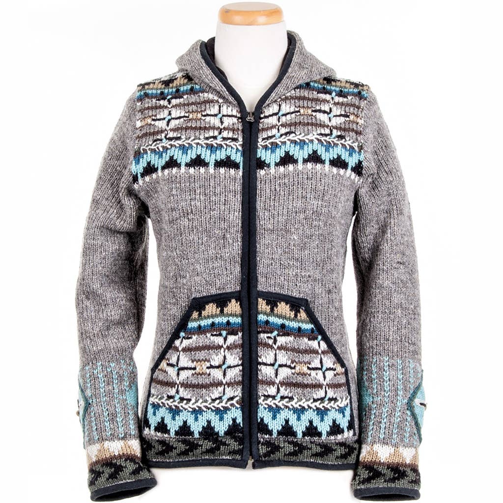 Lost Horizons Knitwear – Ships from USA - Wholesale Knit Sweater - Women's - Dakotah Hooded Wool Sweater with Western Pattern4