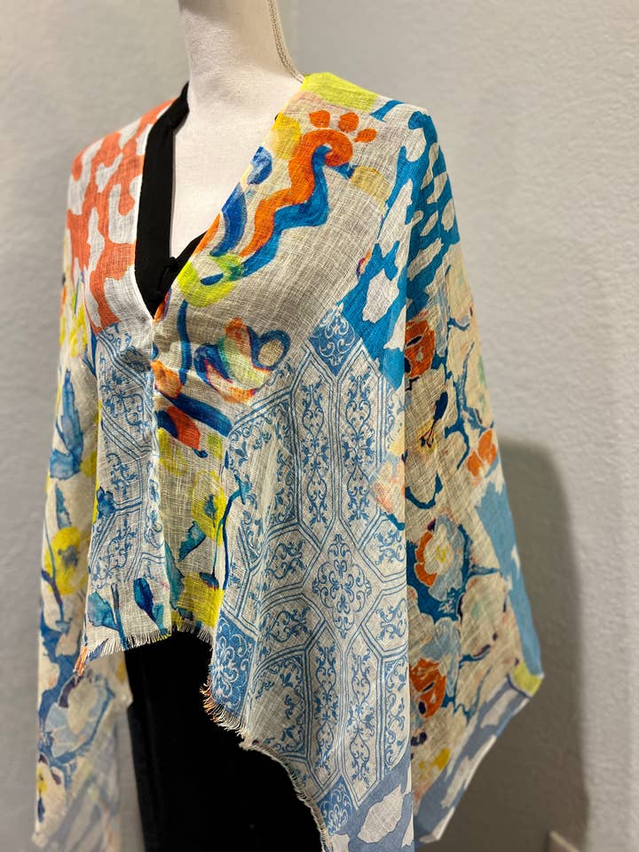 750/6 Linen Poncho/Cape in Abstract Watercolor Patterns for wholesale by In Style Scarves